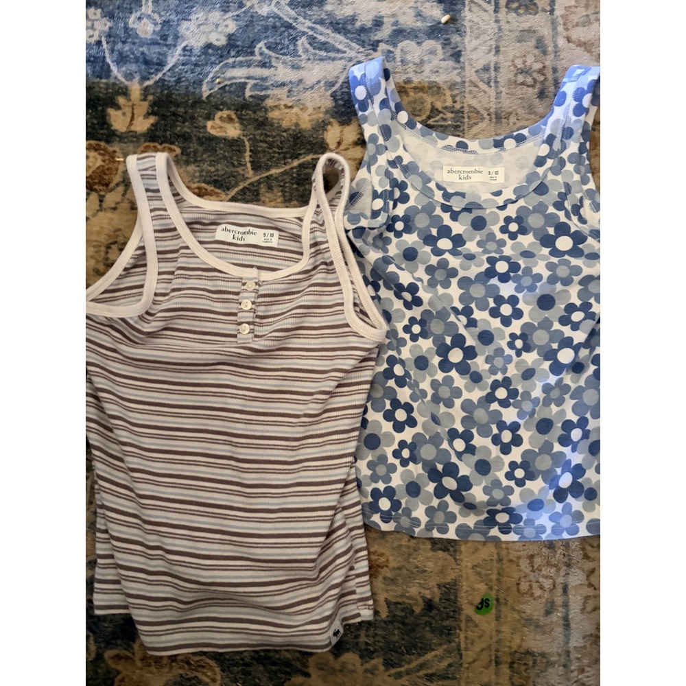 Abercrombie Kids Tank Top Set 2pc Blue White Striped Floral Henley Ribbed 9/10